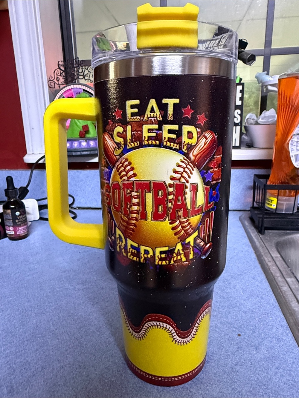 Eat Sleep Softball Repeat Travel Tumbler - Yellow Accent